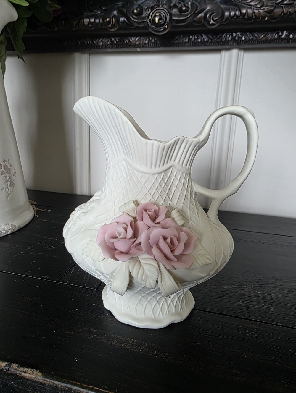 Vtg Porcelain Ivory Bisque Pitcher 3D roses Lattice Pattern 7' Small